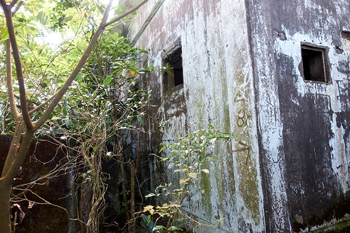 Outside of abandoned building - two windows - corner of building - concrete 'box' behind it