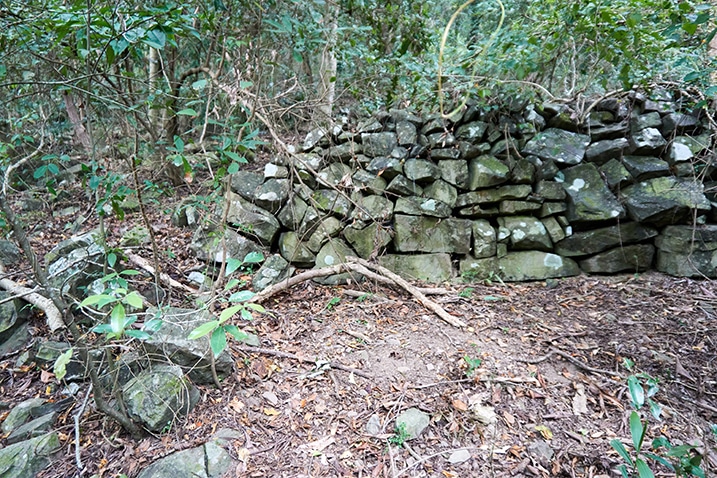 Many rocks stacked to make a wall 