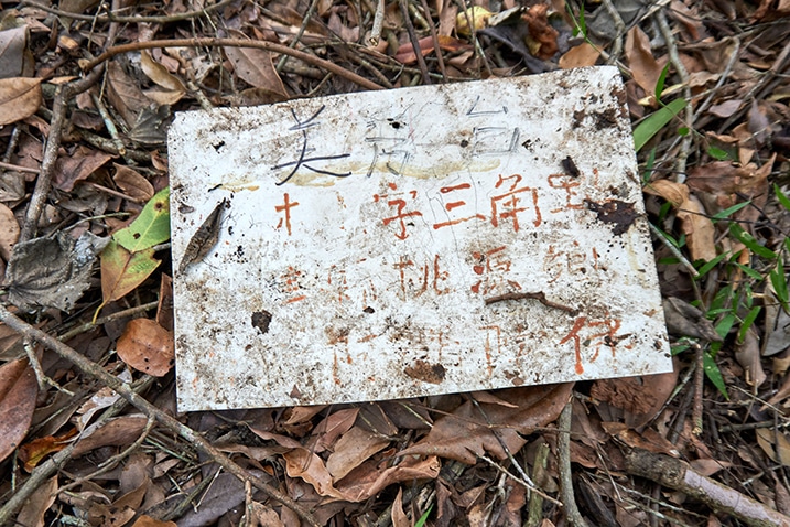 White sign on the ground at 我丹山東峰 Wodanshan East Peak - hard to read faded sign - chinese words