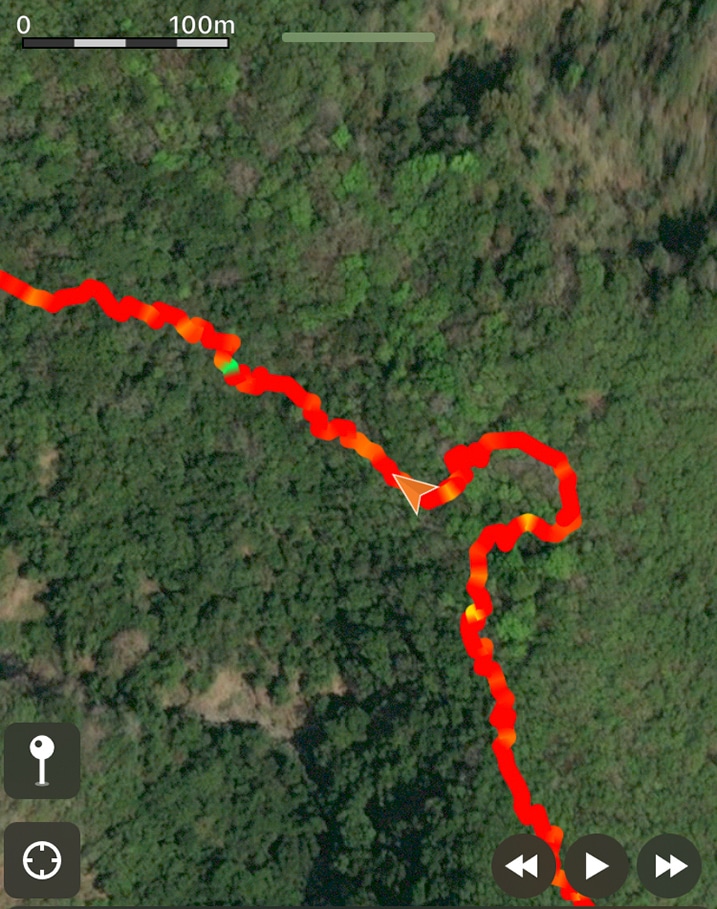 Satellite view of GPX map trace section