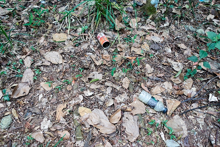 Some bottles and cans on the ground