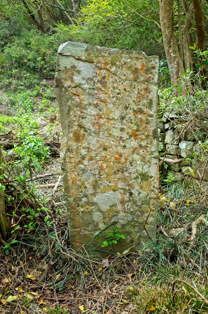 Tall, thin stone standing upright with what appears to be faded Japanese writing on it