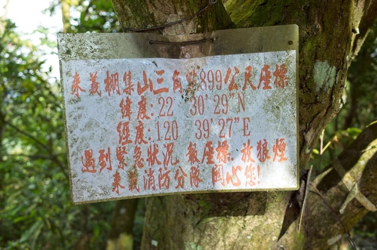 Sign attached to a tree with coordinates and Chinese writing