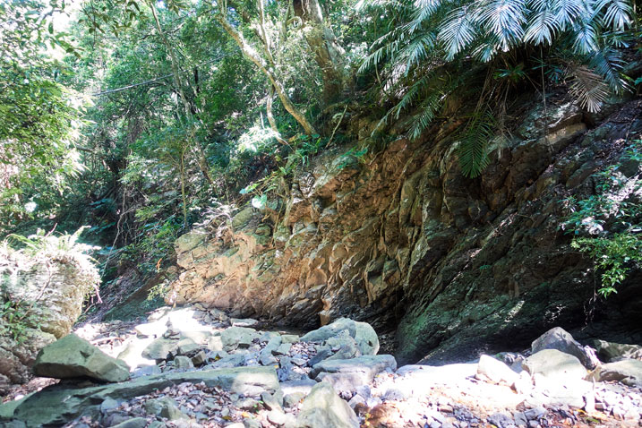 rocky riverbed - large stone "wall" in center - trees in back