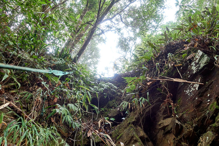 Looking up at steep trail - rocky with ropes