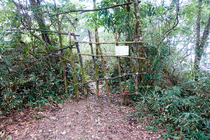 Gate made out of tree limbs with sign on it in forest