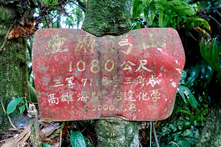 Red sign being eaten by tree