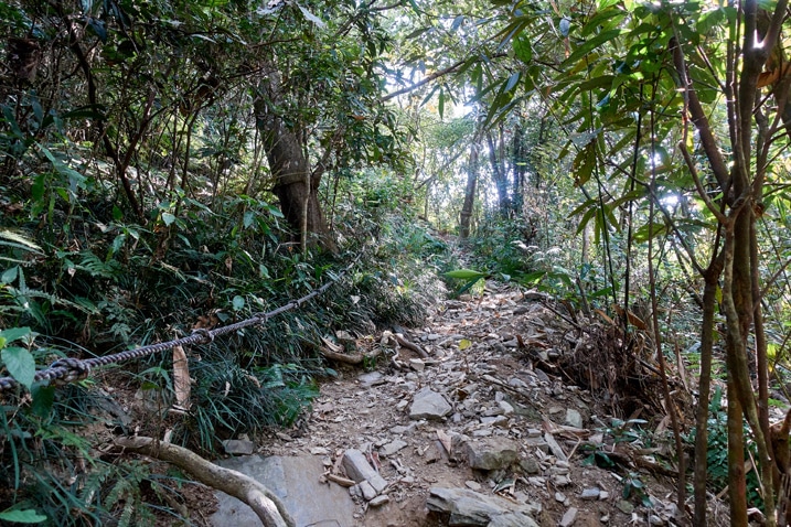 Rocky trail with a rope to the left - trees all around - WeiLiaoShan Hike – 尾寮山