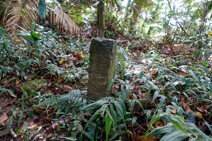 Closeup of concrete marker sticking out of the ground - WeiLiaoShan Hike – 尾寮山