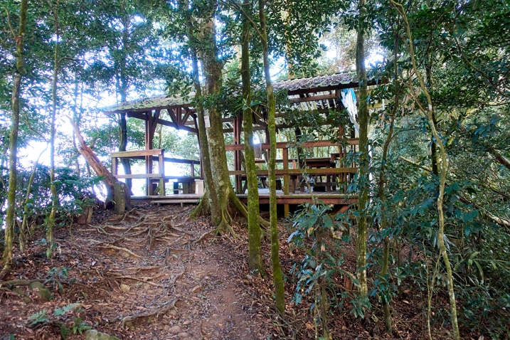 Covered wooden rest area at the end of a trail - trees all around - WeiLiaoShan 尾寮山 trail