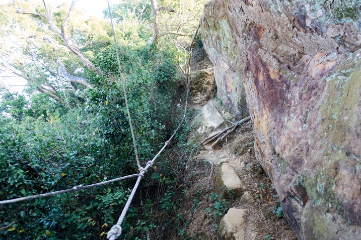 Trail next to rock face with ropes - 旗月縱走