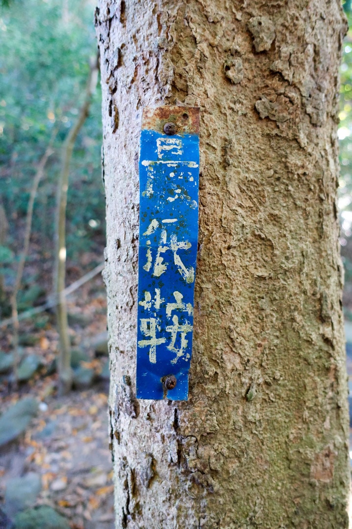 Blue sign written in Chinese attached to tree - 旗月縱走