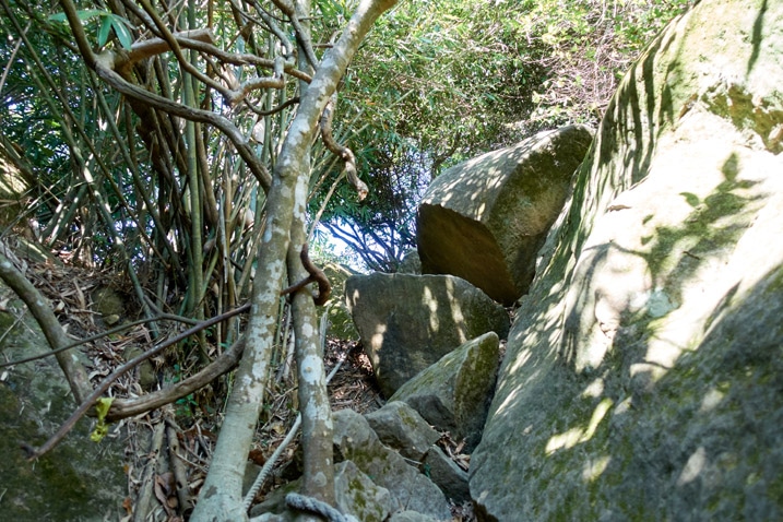 Rocky climb of a trail with rope - 旗月縱走