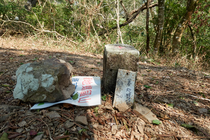 Triangulation stone - small metal sign leaning against it - laminated paper with rock holding it down