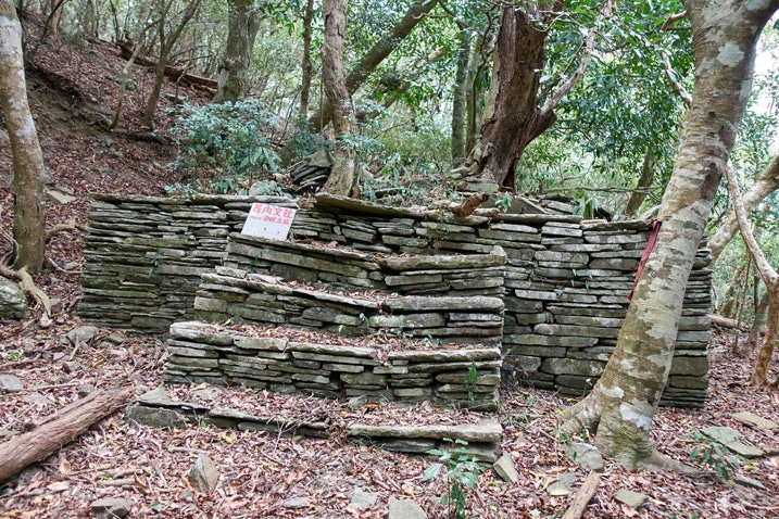 Many stones stacked to form stairs and a structure behind it - trees beyond