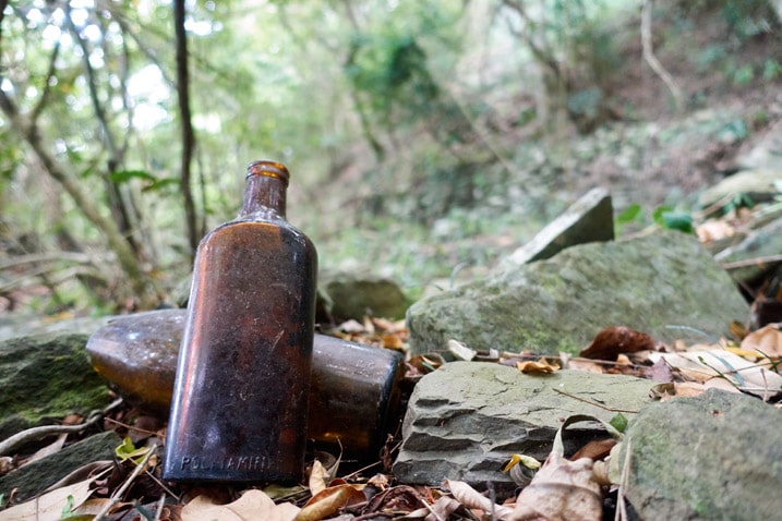 Two old brown bottles near stones