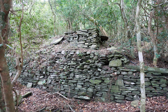 Large stacked stone wall - trees in background