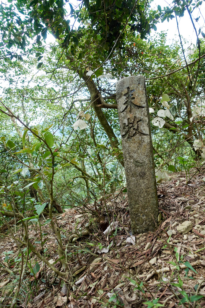 Stone pillar rising from the ground with two Chinese characters written on it