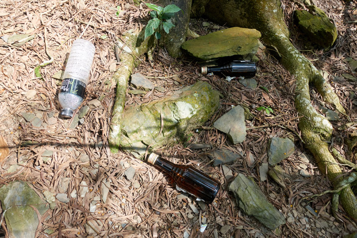 Glass and plastic bottles littered on the ground
