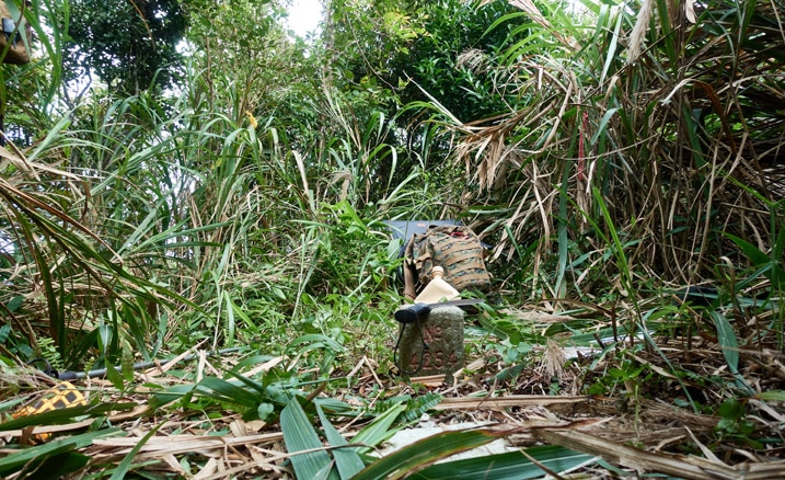 Triangulation stone of QiLuZhiKeShan - 耆路知可山 - tall grass and chair and backpack