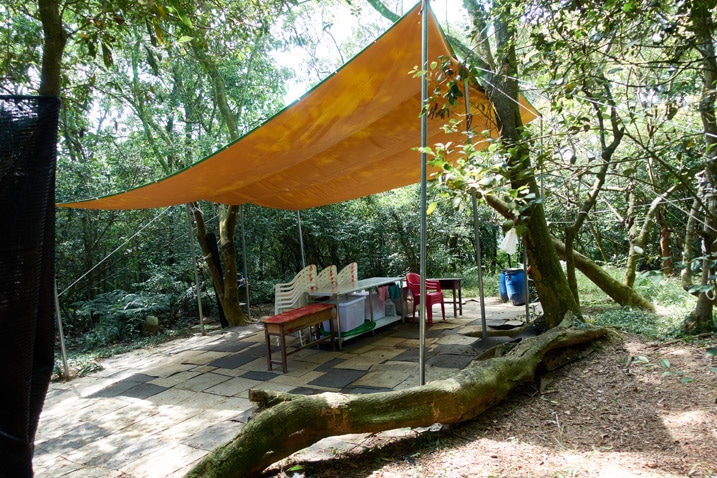 cleared area in mountain forest - chairs, tables, and orange tarp