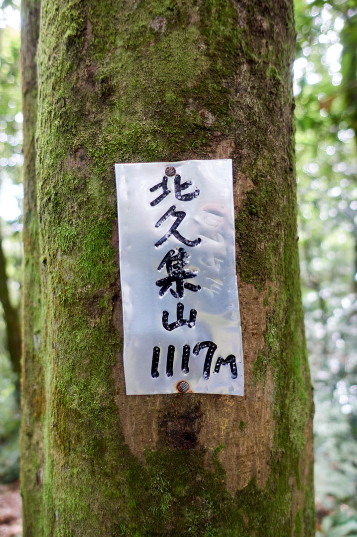 Small metal sign nailed to tree with 北久集山 1117m written on it