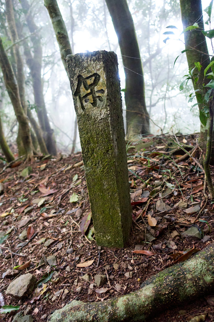 Closeup of concrete pillar sticking out of the ground - chinese character on pillar