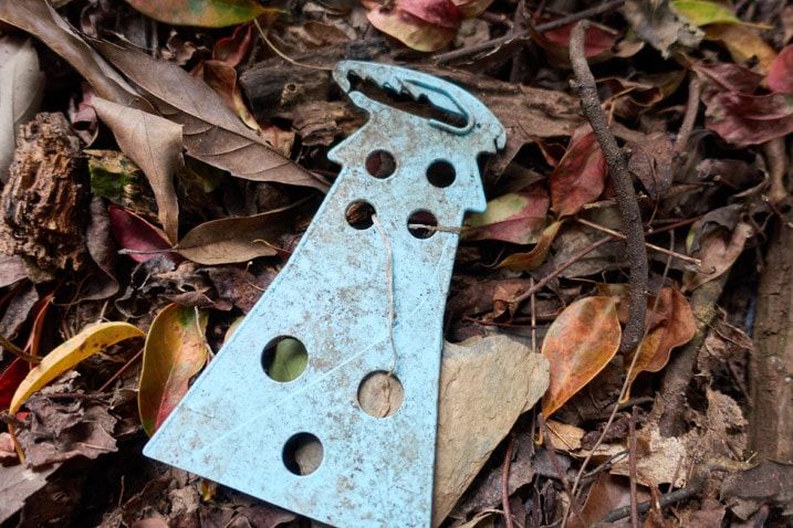 Blue plastic item possibly meant for farming lying on leaves