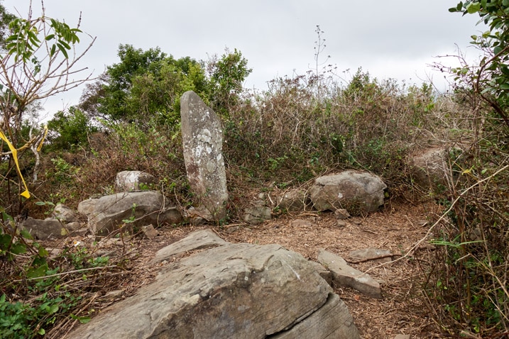 Several large stones on top of mountain peak - trees and vegetation behind