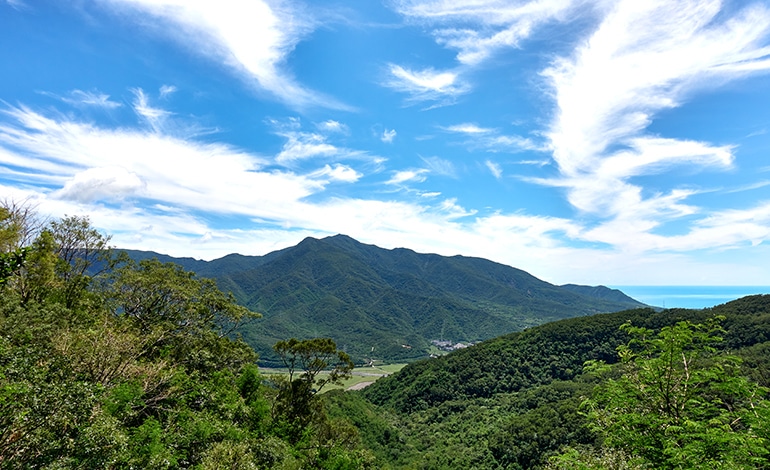 landscape view of mountains, ocean, and blue sky with white clouds - trees in foreground