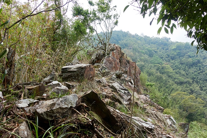 Rocky part of ridge - mountain in background - trees on left